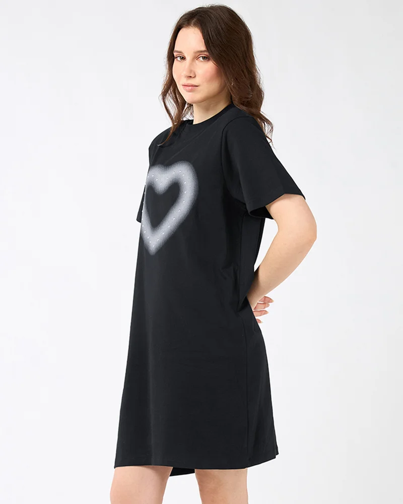 bewakoof Women's Black Graphic Printed Oversized T-Shirt Dress